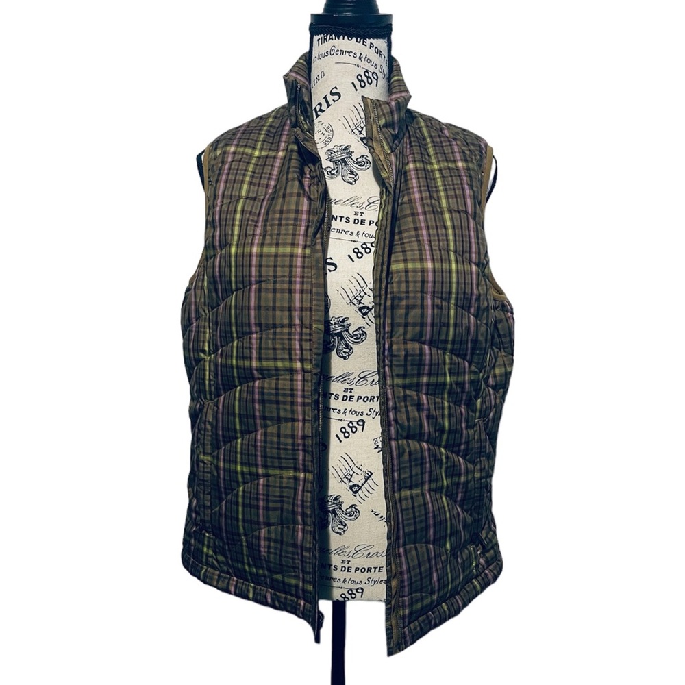 Lands End Green Quilted Full Zip Plaid  Woman’s Vest Small
